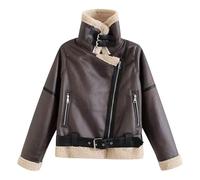 Chaqueta parka de cuero sintético con forro de borrego para mujer, con cremallera y forro grueso, abrigo de invierno de piel de borrego con bolsillos, L