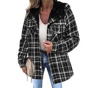 Chaqueta Sherpa de lana con capucha y manga larga con botones para mujer, chaqueta a cuadros, abrigo cálido para otoño e invierno, Negro, XL