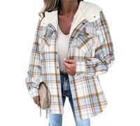 Chaqueta Sherpa de lana con capucha y manga larga con botones para mujer, chaqueta a cuadros, abrigo cálido para otoño e invierno, azul claro, XL