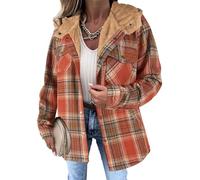 Chaqueta sherpa de manga larga con capucha de lana con botones para mujer, chaqueta a cuadros para otoño e invierno, naranja, M