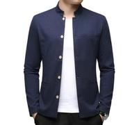Chaqueta Tipo Blazer De Lino Y Algodón para Hombre Cuello Alto Botones Mandarín Chaqueta De Traje Elegante E Informal De Verano Chaqueta Deportiva Ligera Forrada para Hombre para Oficina Azul Mari