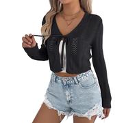 Chaqueta Tipo Bolero De Punto con Lazo y Manga Larga para Mujer Cárdigan Corto con Lazo Estilo Y2K De Crochet con Aberturas Estilo Bohemio para Playa Color Negro Talla M