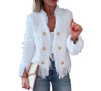 Chaqueta tipo cárdigan de moda con flecos para mujer, abrigos cortos casuales, suéter con ribete de moda, holgado, cálido, con borlas, poncho para exteriores, blanco, L