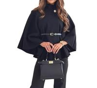 Chaqueta Tipo Poncho De Mezcla De Lana Con Cuello Levantado Elegante For Mujer Con Cinturón, Capa De Color Sólido A La Moda Con Manga De Murciélago For Otoño E Invierno(Black,XS)