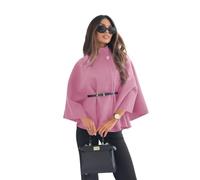 Chaqueta Tipo Poncho De Mezcla De Lana Con Cuello Levantado Elegante For Mujer Con Cinturón, Capa De Color Sólido A La Moda Con Manga De Murciélago For Otoño E Invierno(Pink,S)