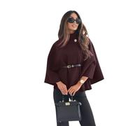Chaqueta Tipo Poncho De Mezcla De Lana Con Cuello Levantado Elegante For Mujer Con Cinturón, Capa De Color Sólido A La Moda Con Manga De Murciélago For Otoño E Invierno(Red Coffee,XS)