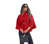 Chaqueta Tipo Poncho De Mezcla De Lana Con Cuello Levantado Elegante For Mujer Con Cinturón, Capa De Color Sólido A La Moda Con Manga De Murciélago For Otoño E Invierno(Rose red,M)
