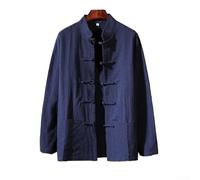 Chaqueta tradicional china para hombre, camisa de artes marciales de Kung Fu, abrigo de práctica de Tai Chi con cuello mandarín, blusa casual de manga larga con botones de mezcla de algodón (XL, azul