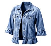 Chaqueta vaquera con volantes, manga acampanada, solapa, cierre de botones, | Parka Animal Print Mujer Blanco Torera Vaquera Adolescentes Sobrecamisa Jersey Casino Inflada Fucsias Estampados Plateadas