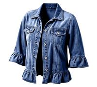 Chaqueta vaquera con volantes, manga acampanada, solapa, cierre de botones, | Parka Animal Print Mujer Blanco Torera Vaquera Adolescentes Sobrecamisa Jersey Casino Inflada Fucsias Estampados Plateadas