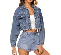 Chaqueta vaquera corta para mujer con bajo sin rematar y efecto desgastado.