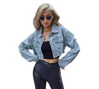 Chaqueta Vaquera Corta para Mujer - Vinatge Chaqueta Vaquera Rota Chaleco Vaquero De Manga Larga con Botones Chaqueta Tipo Cárdigan Corta Informal con Solapa Abrigo De Transición Militar Ropa De C