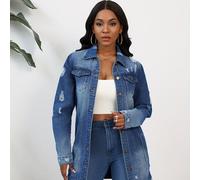 Chaqueta vaquera desgastada de larga para mujer: Abrigo largo ajustado con cuello de solapa, diseño de vintage adecuado para outfits casuales a informales
