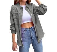 Chaqueta vaquera extragrande para mujer con bajo deshilachado y efecto desgastado, manga larga, color gris claro, talla M