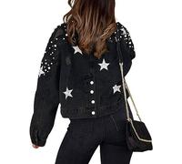 Chaqueta Vaquera Oversize con Abalorios y Estrellas Bordadas para Mujer - Manga Larga (Negro, XL)