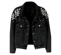 Chaqueta vaquera para mujer, moderna, con bordados y remaches de perlas, corta, abotonada, color negro, talla 3XL