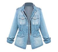 Chaqueta vaquera para mujer, primavera y otoño, abrigo vaquero, chaqueta de entretiempo, chaqueta informal, vintage, chaqueta holgada, con cremallera, manga larga, aspecto desgastado, azul claro