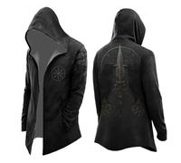 Chaqueta Viking Hombre Vintage con Capucha Abrigo Hombre Invierno Longitud Media Traje Medieval Cárdigan Largo Tema Mitología Nórdica Sudadera con Capucha Cortavientos Talla Grande Streetwear