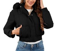 Chaquetas cortas acolchadas para mujer con capucha de piel sintética, cuello alto de invierno 2025, abrigos acolchados con cremallera, abrigo acolchado cálido, Negro, L