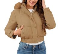 Chaquetas cortas acolchadas para mujer con capucha de piel sintética, cuello alto de invierno 2025, abrigos acolchados con cremallera, abrigo acolchado cálido, caqui, L