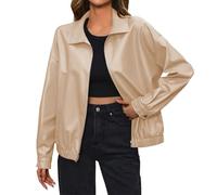 Chaquetas Cuero Mujer Color Liso - Cazadora Mujer Entretiempo De Cremallera Cuello De Solapa Chaqueta Bomber Sin Capucha Ropa Chic Elegante Beige M
