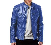 Chaquetas de cuero para hombre chaquetas vintage de cuero sintético liso chaqueta de motocicleta chaqueta bomber con cremallera cortavientos para otoño invierno, azul, XXL
