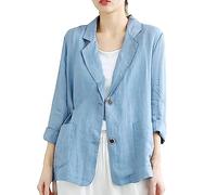 Chaquetas de lino para mujer, trajes y blazers elegantes de manga 3/4, para negocios, casual, trabajo, oficina, chaqueta ligera de verano con bolsillos de botón
