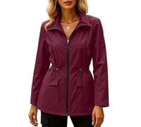 Chaquetas impermeables para mujer, para primavera, otoño, deportes al aire libre, con capucha oculta, cremallera completa, cintura con cordón, rompevientos, ligera, transpirable, para correr, Vino