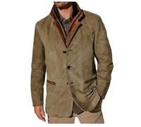 Chaquetas vintage de ante para hombre, blazer de doble capa con solapa de piel, cuello de cuero, longitud media, blazer de exterior para otoño e invierno, caqui, M