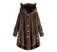 Chaquetas y abrigos de forro polar para mujer, sudadera con capucha con orejas | Chaquetas Shaggy con capucha y botones - Ropa de abrigo cálida de gran tamaño, ropa de casa borrosa de manga larga para