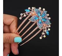 Chargances Precioso peine de pelo de cristal azul para novia, boda, flor de diamantes de imitación, peine lateral con dientes largos, accesorios decorativos para el cabello para mujeres y niñas (azul)