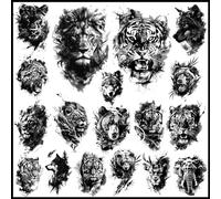 CHARLENT 18 Piezas de Tatuajes Temporales Realistas de Tigre, Oso, León y Lobo para Hombres Adultos - Pegatinas de Tatuajes de Animales Falsos en Negro para Hombres y Mujeres, Brazo, Pecho y Hombro