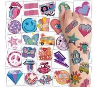 CHARLENT 70 tatuajes temporales brillantes para niños - 74 hojas individuales brillantes retro Flower Power Smiley decoraciones tatuajes pegatinas para niños y niñas suministros de fiesta