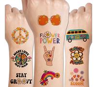 CHARLENT Juego de tatuajes temporales hippie para niños - 79 PCS Groovy 70s Flower Power Tatuajes de paz y amor para niños y niñas, accesorios de fiesta de cumpleaños