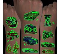 CHARLENT Tatuajes Luminosos con Temática de Coche de Carreras para Niños - 24 Hojas de Tatuajes Temporales que Brillan en la Oscuridad para Fiestas de Cumpleaños