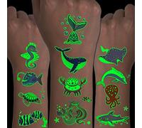 CHARLENT Tatuajes Luminosos de Animales Marinos para Niños:14 Hojas de Tatuajes Temporales que Brillan en la Oscuridad con Criaturas Marinas para Fiestas de Cumpleaños de Niños y Niñas