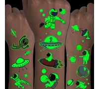 CHARLENT Tatuajes Luminosos del Espacio Exterior para Niños: 14 Hojas de Tatuajes Temporales que Brillan en la Oscuridad con Motivos de Astronautas, Naves Espaciales y Planetas