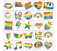 CHARLENT Tatuajes temporales con purpurina arcoíris - 74 hojas individuales de tatuajes con purpurina del orgullo para los labios de corazón arcoíris para Festival del Orgullo
