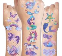 CHARLENT Tatuajes Temporales con Unicornios y Sirenas Brillantes para Niñas: 12 Hojas de Tatuajes Temporales con Sirenas y Unicornios Brillantes para Fiestas de Cumpleaños Infantiles