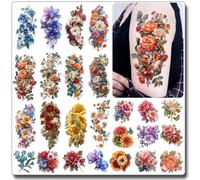 CHARLENT Tatuajes temporales en forma de flor 3D para mujeres - 25 hojas de tatuajes falsos realistas en forma de flor para brazos, piernas y cuerpo/duraderos/impermeables