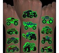 CHARLENT Tatuajes temporales luminosos para niños, 12 hojas, que brillan en la oscuridad, para niños, decoración de cumpleaños de camiones monstruo