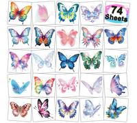 CHARLENT Temporäre Glitzer-Schmetterlings-Tattoos für Kinder - 74 einzelne Blätter, Aquarell-Schmetterlings-Tattoos für Kinder, Schmetterlings-Geburtstagsdekorationen