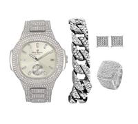 Charles Raymond Bling-ed Out It's Lit! - Juego de reloj y joyería de hip hop con pulsera de cadena cubana, aretes y anillo de cometa Bling - GJM13, ST10235VO plateado brillante, 9, Casual