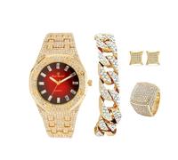 Charles Raymond Bling-ed Out It's Lit! - Juego de reloj y joyería de hip hop con pulsera de cadena cubana, aretes y anillo de cometa Bling - GJM13, ST10528 Oro rojo, 10, Casual