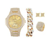Charles Raymond Bling-ed Out It's Lit! - Juego de reloj y joyería de hip hop con pulsera de cadena cubana, aretes y anillo de cometa Bling - GJM13, ST10235VO dorado brillante, 9, Casual