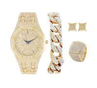 Charles Raymond Bling-ed Out It's Lit! - Juego de reloj y joyería de hip hop con pulsera de cadena cubana, aretes y anillo de cometa Bling - GJM13, ST10528 ribete dorado, 9, Casual