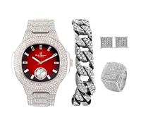 Charles Raymond Bling-ed Out It's Lit! - Juego de reloj y joyería de hip hop con pulsera de cadena cubana, aretes y anillo de cometa Bling - GJM13, ST10235VO Rojo Plata, 8, Casual