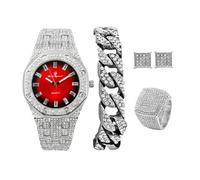 Charles Raymond Bling-ed Out It's Lit! - Juego de reloj y joyería de hip hop con pulsera de cadena cubana, aretes y anillo de cometa Bling - GJM13, ST10528 Rojo Plata, 9, Casual