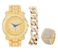 Charles Raymond Bling-ed Out L0504 BR - Reloj redondo de lujo para hombre con pulsera cubana y anillo de rey helado, juego de 3 piezas, dorado, 6 UK
