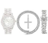 Charles Raymond Collar de lujo con cruz de tenis para hombre con reloj de pulsera de cuarzo con diamantes - Be Lit & Choose The Matching Blinged Out Cuban ZZ Set - ST10327TCR Sets, ST10327RN Slv Shiny